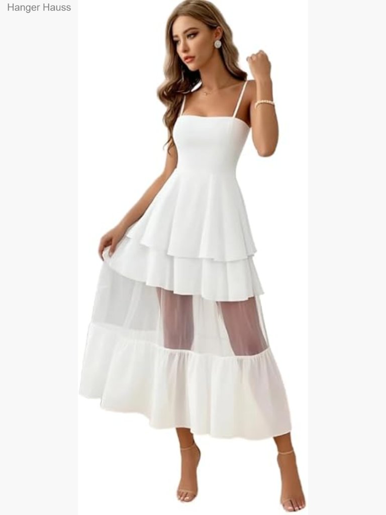Tiered Ruffle Maxi Dress, Spaghetti Strap, Layered Mesh, Cocktail Party
